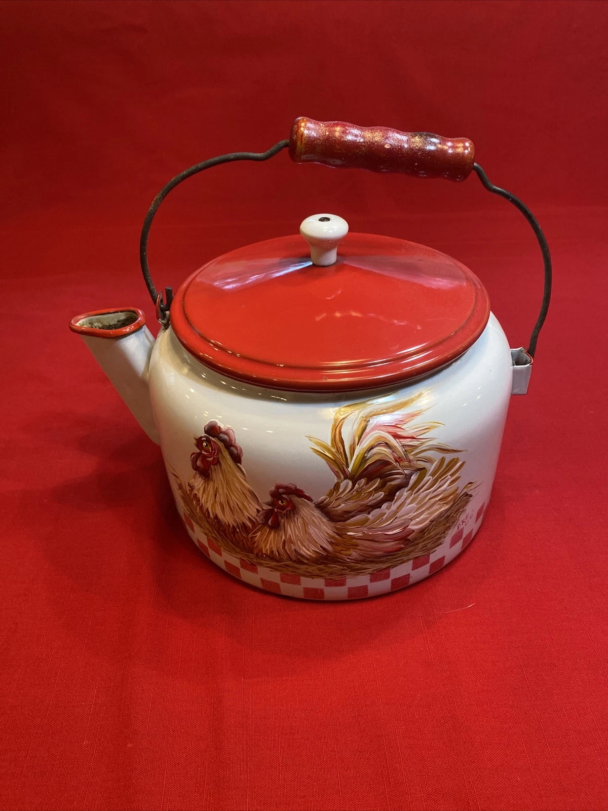 Enamel Ware Large Tea Kettle/ Rooster