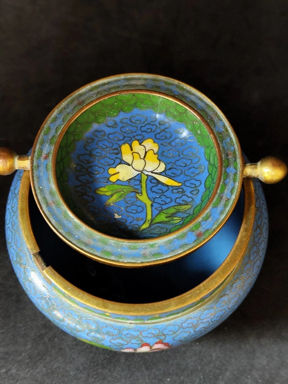 Chinese Antique Cloisonne Bowl Enamel Flowers Fine with Lid