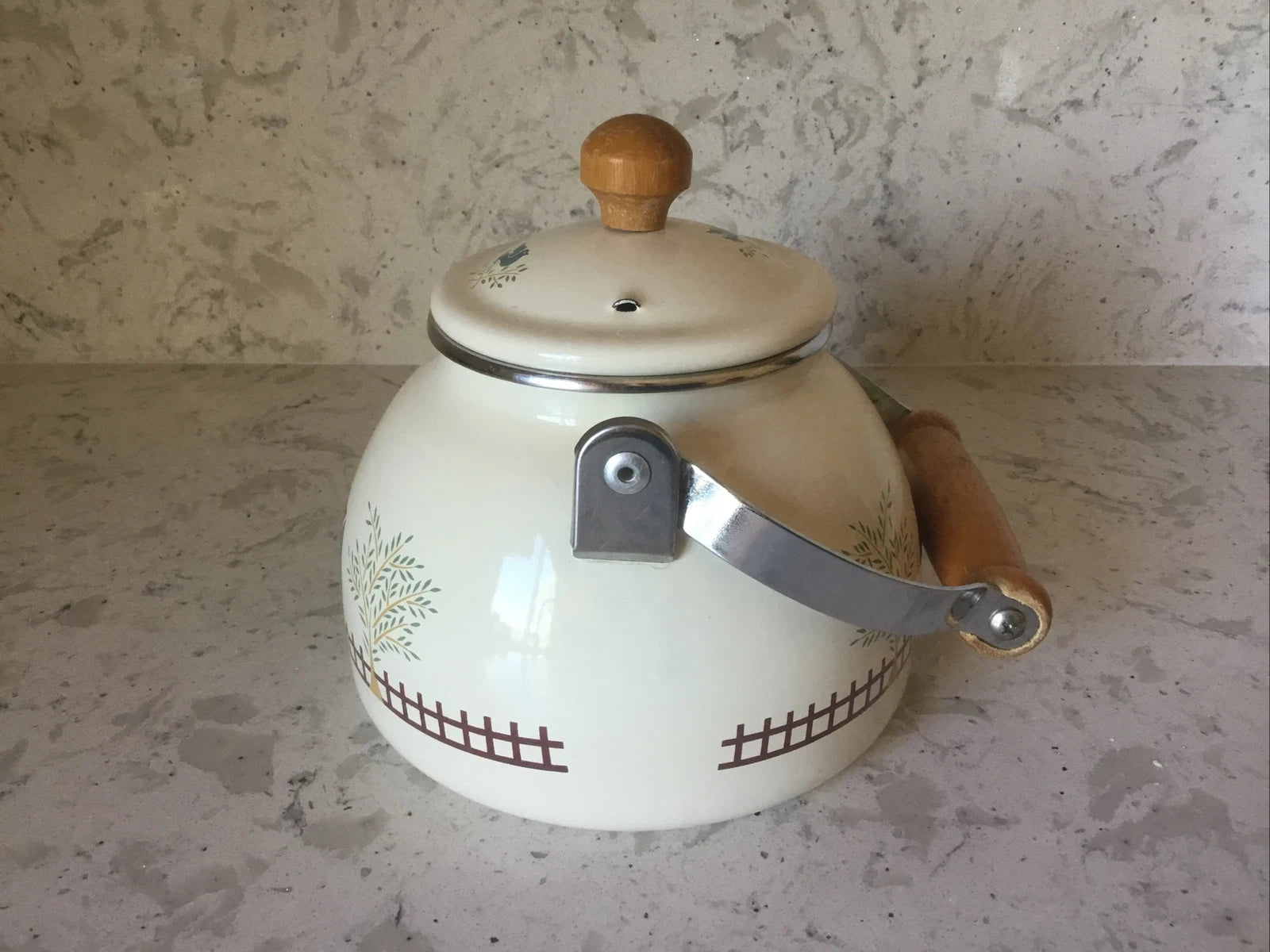 Himark Country Home 48 oz Enamel Tea Kettle w/Wood Handle VERY HARD TO FIND