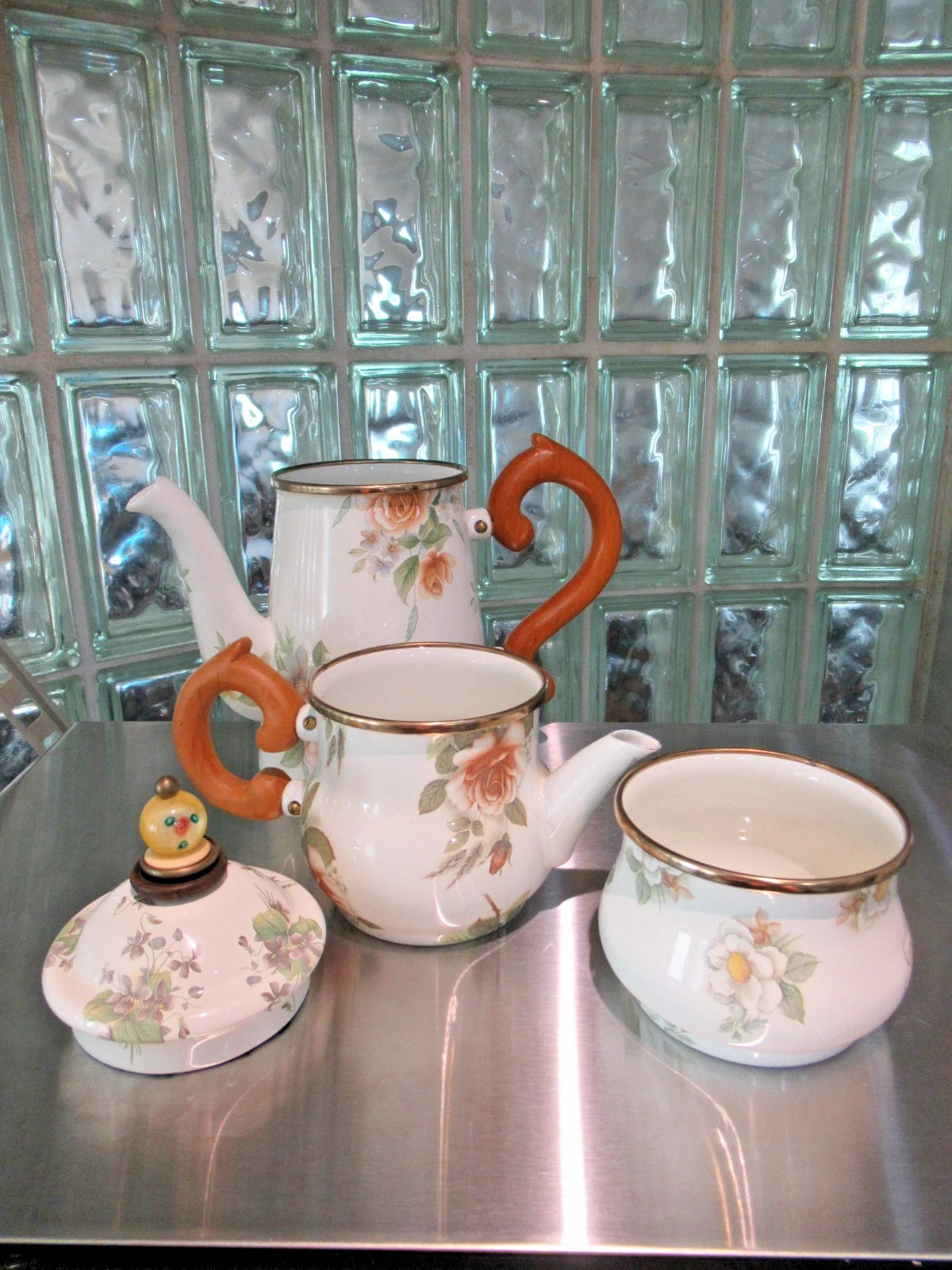 Camp MacKenzie Childs Ltd White Floral Enamelware 1995 3pcTea Set