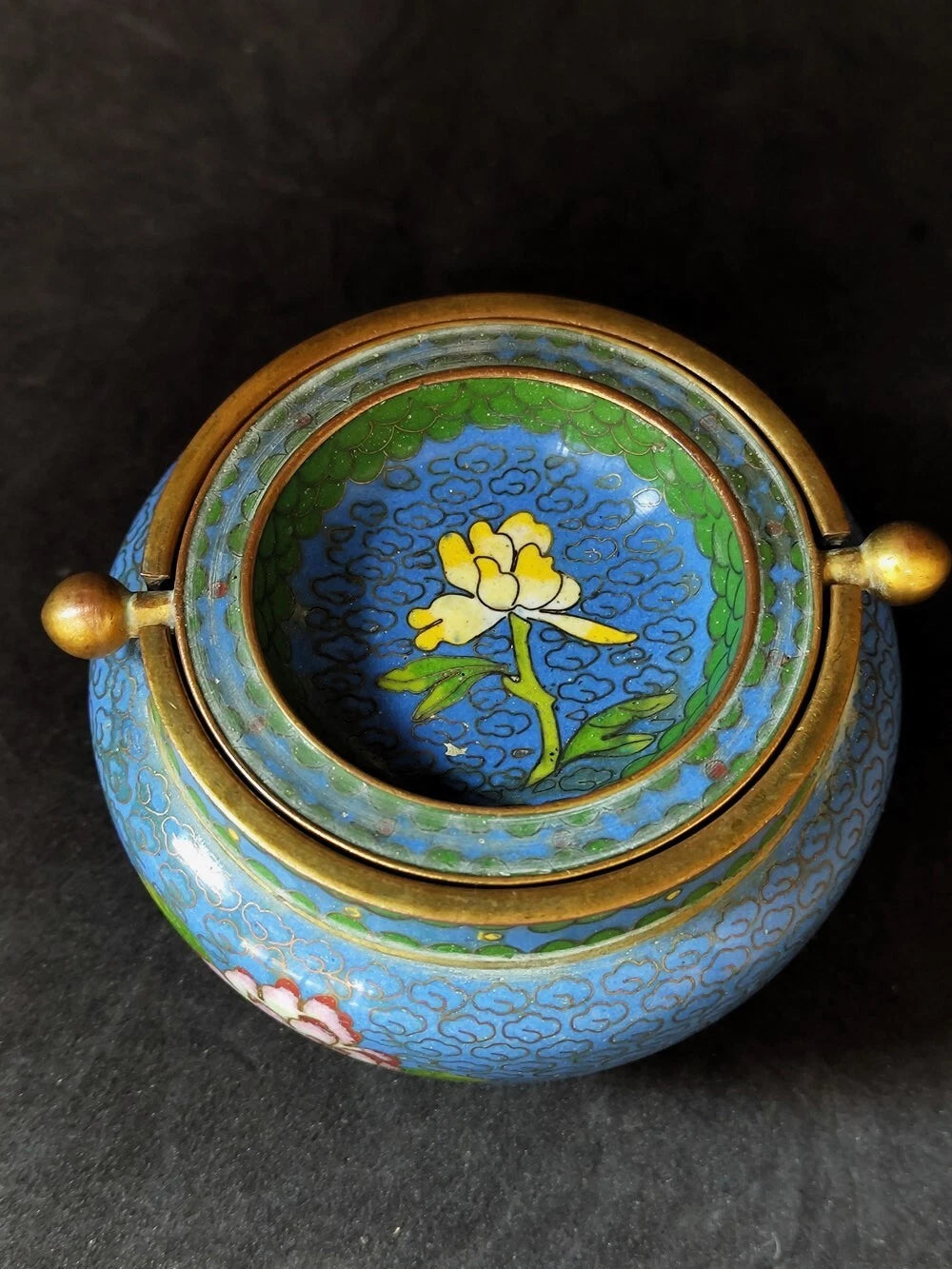 Chinese Antique Cloisonne Bowl Enamel Flowers Fine with Lid