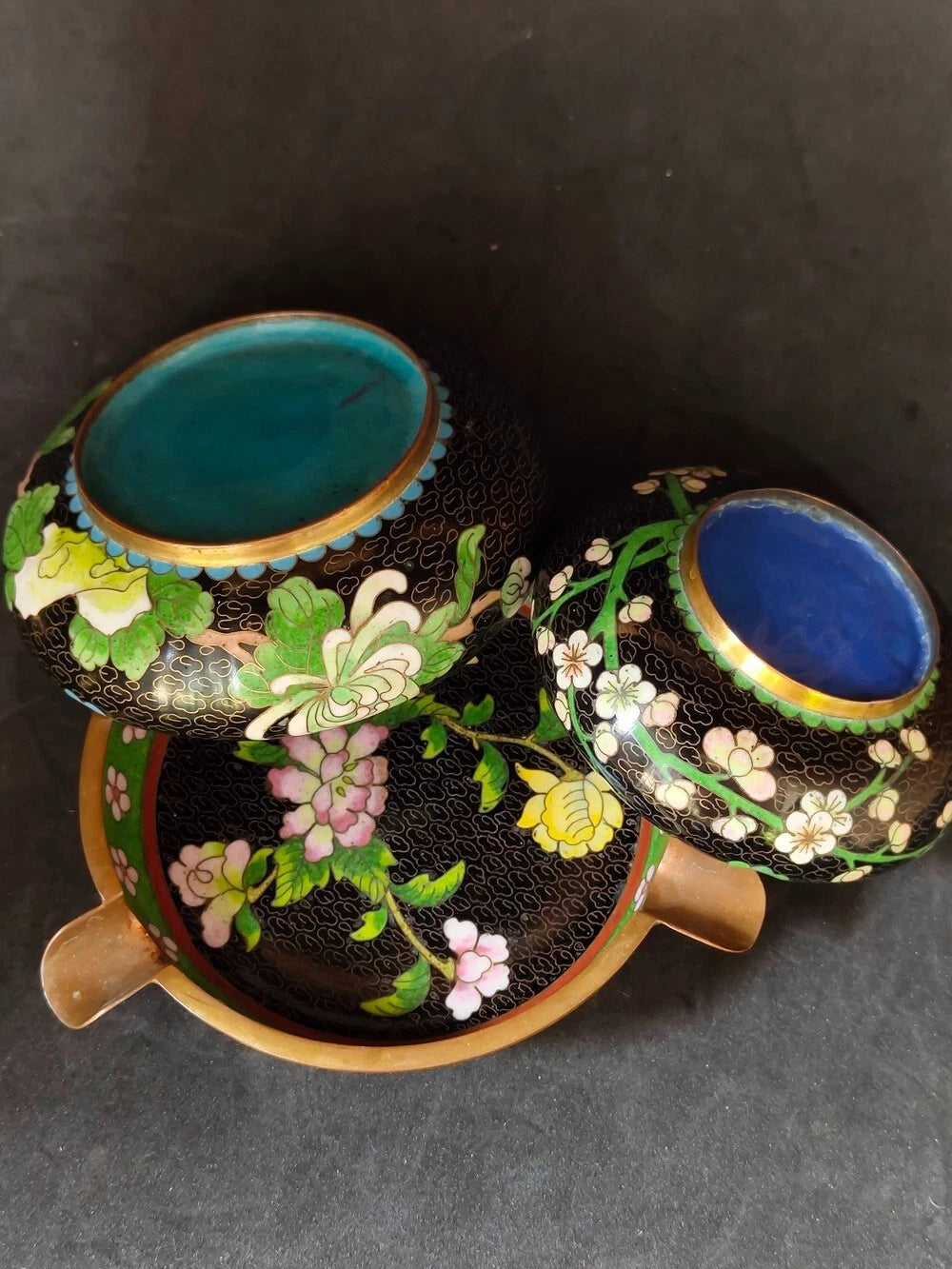 Chinese Vintage Cloisonne Bowl Cigarette stand Enamel Flowers Fine