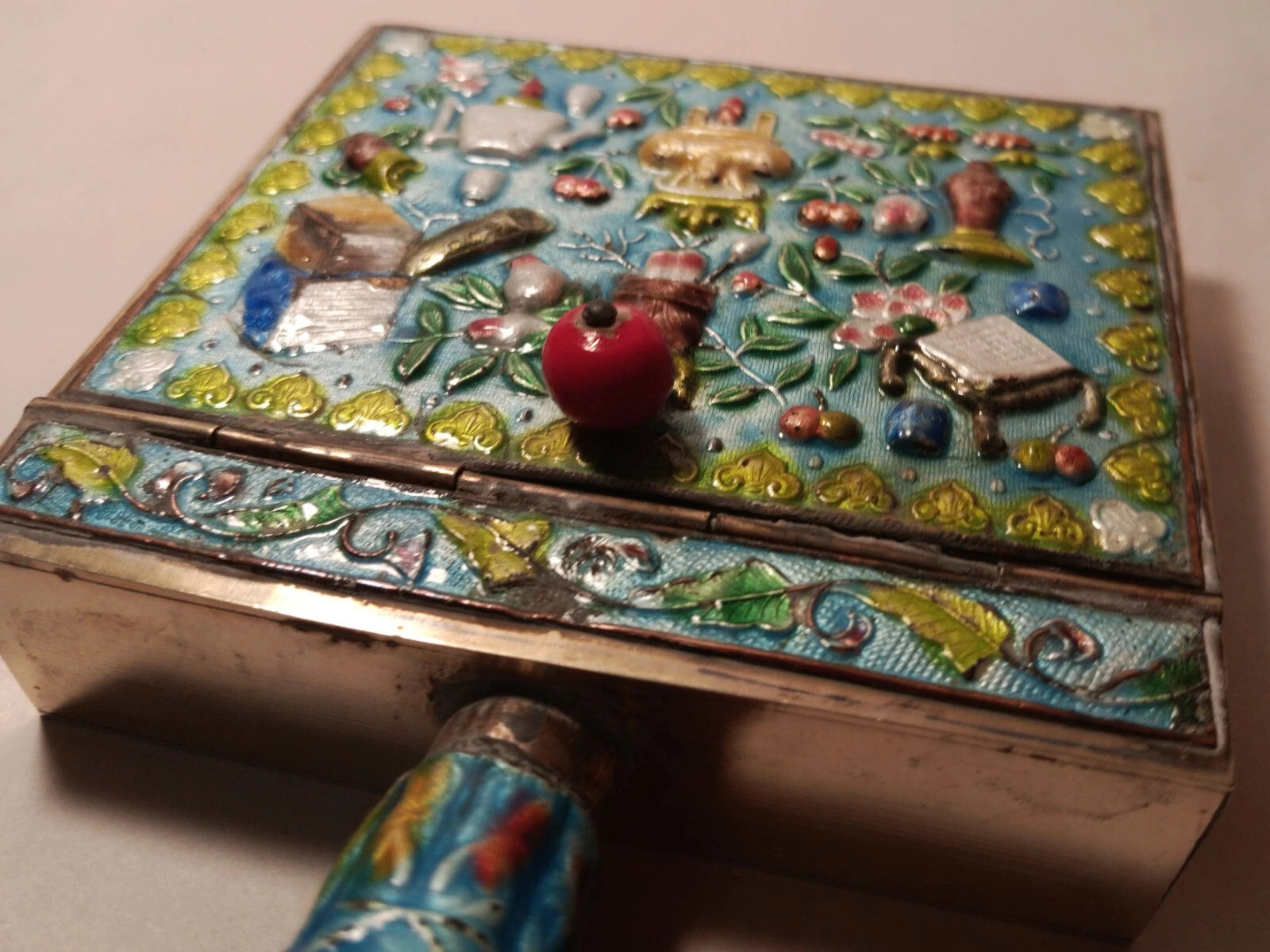 CRUMB CATCHER vtg chinese blue enamel cloisonne coin box teapot vase urn book