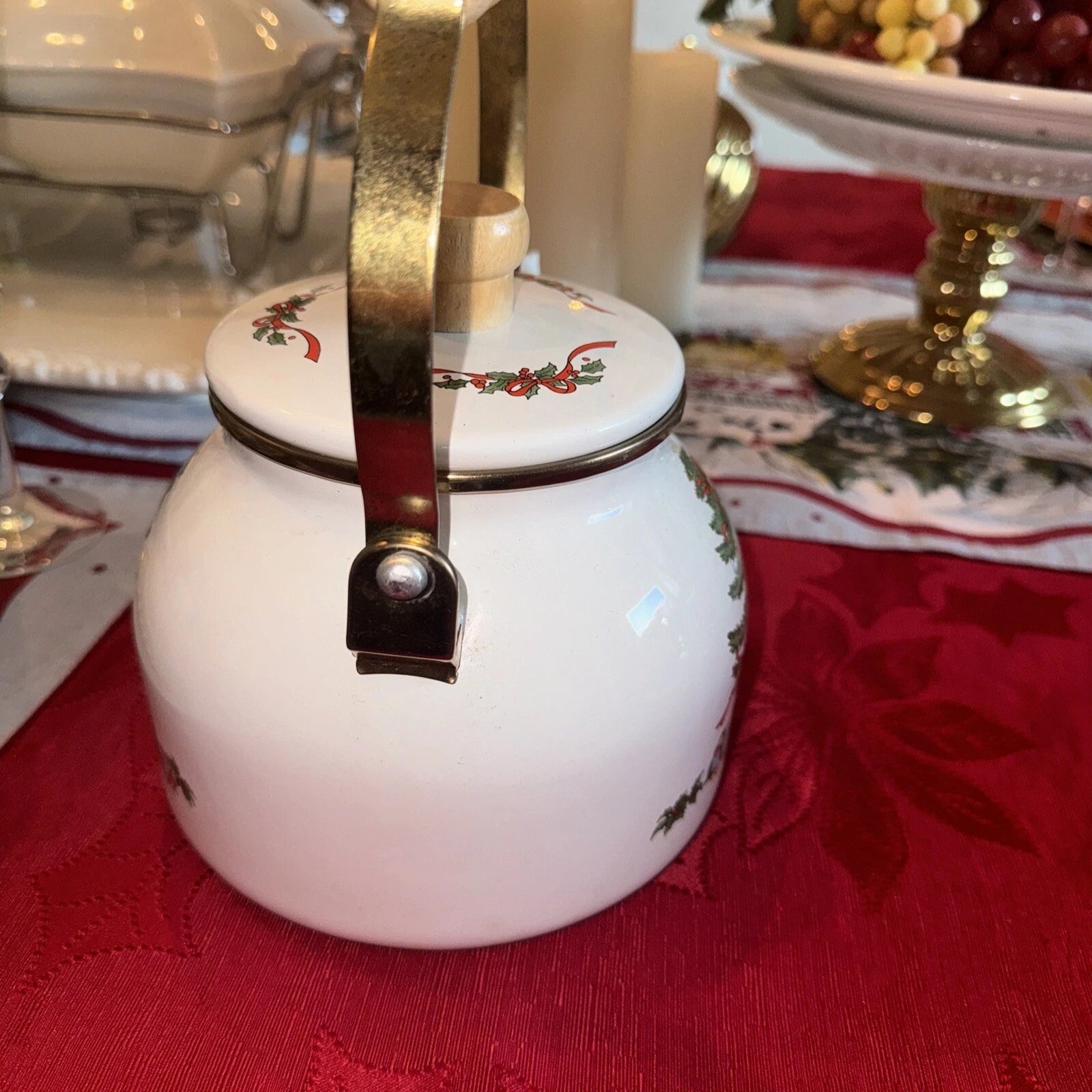 Christmas Tea Pot Vtg Enamel Wood Handle Christmas Tree Holiday Decor Kettle