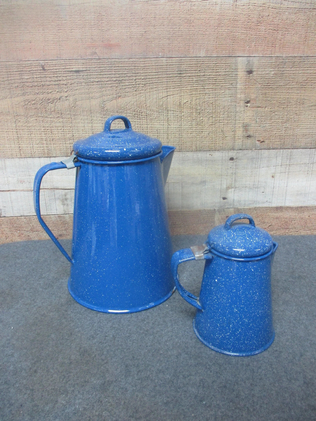 2 - Blue Speckled Enamel Cowboy Coffee / Tea Pots 3 Cup & 12 Cup