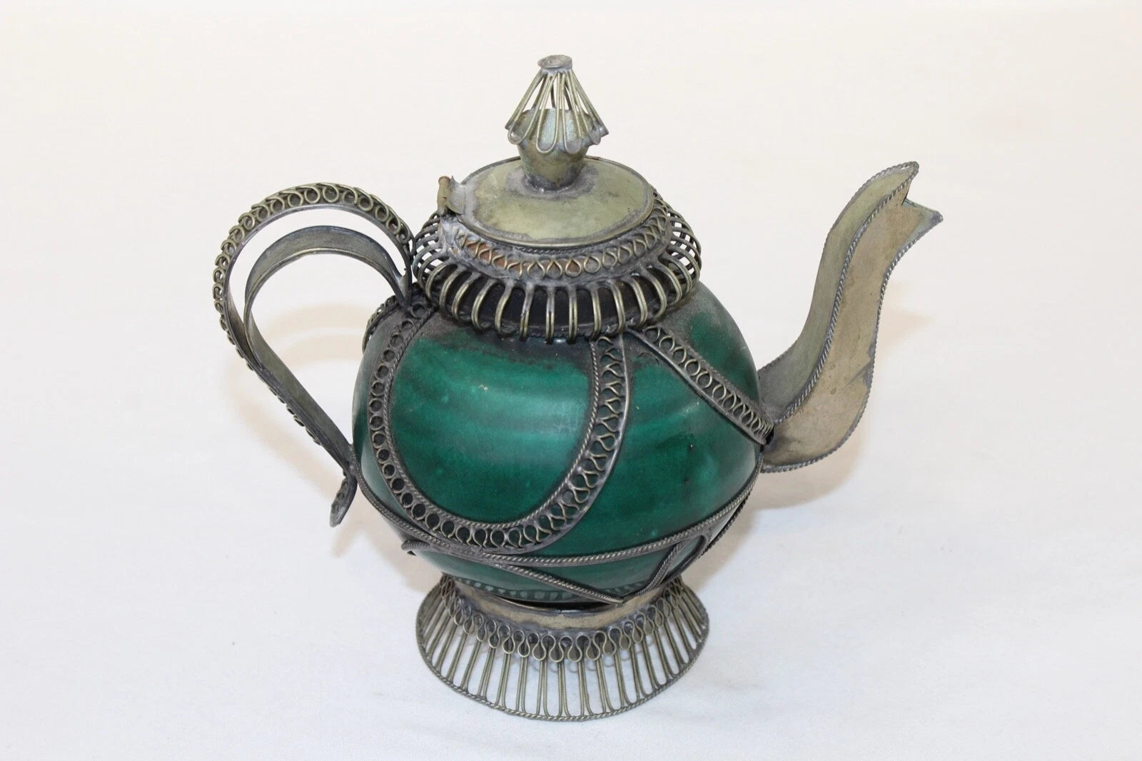 Chinese Middle Eastern Teapot Porcelain Metal Detailed Metal Accents Small Size