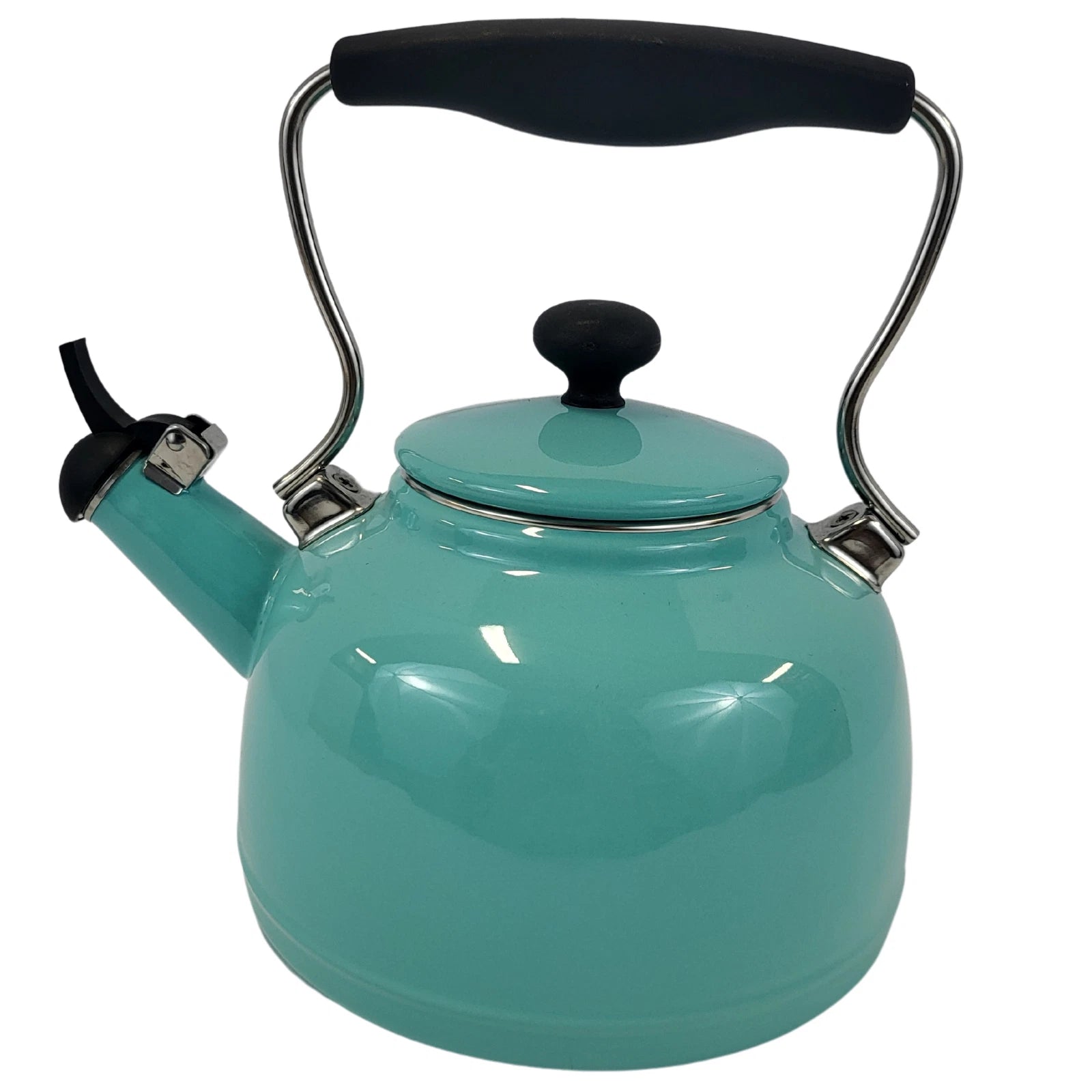 Aqua Blue Enamel Whistling Tea Kettle with Black Handle - 2 Qt