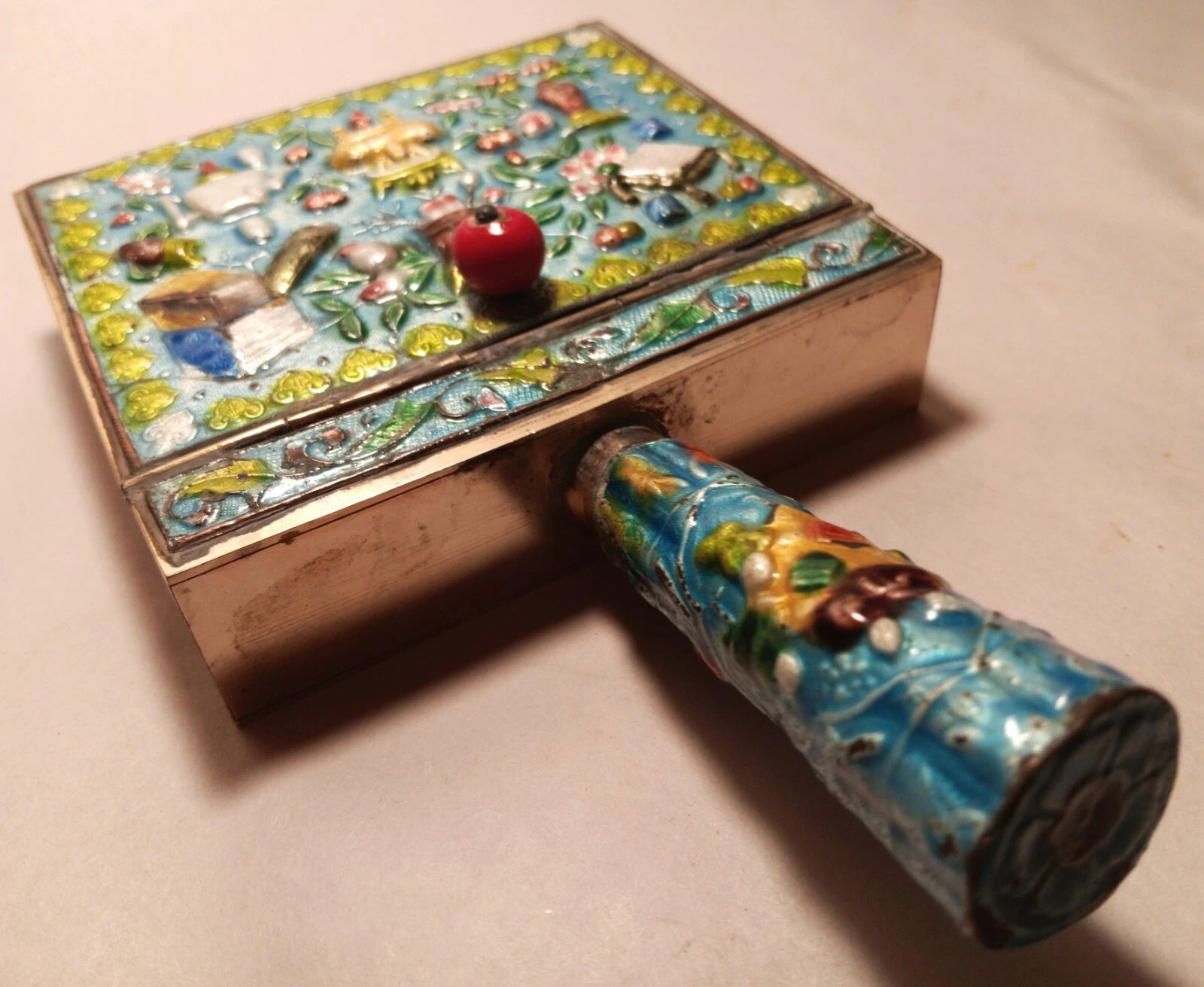 CRUMB CATCHER vtg chinese blue enamel cloisonne coin box teapot vase urn book