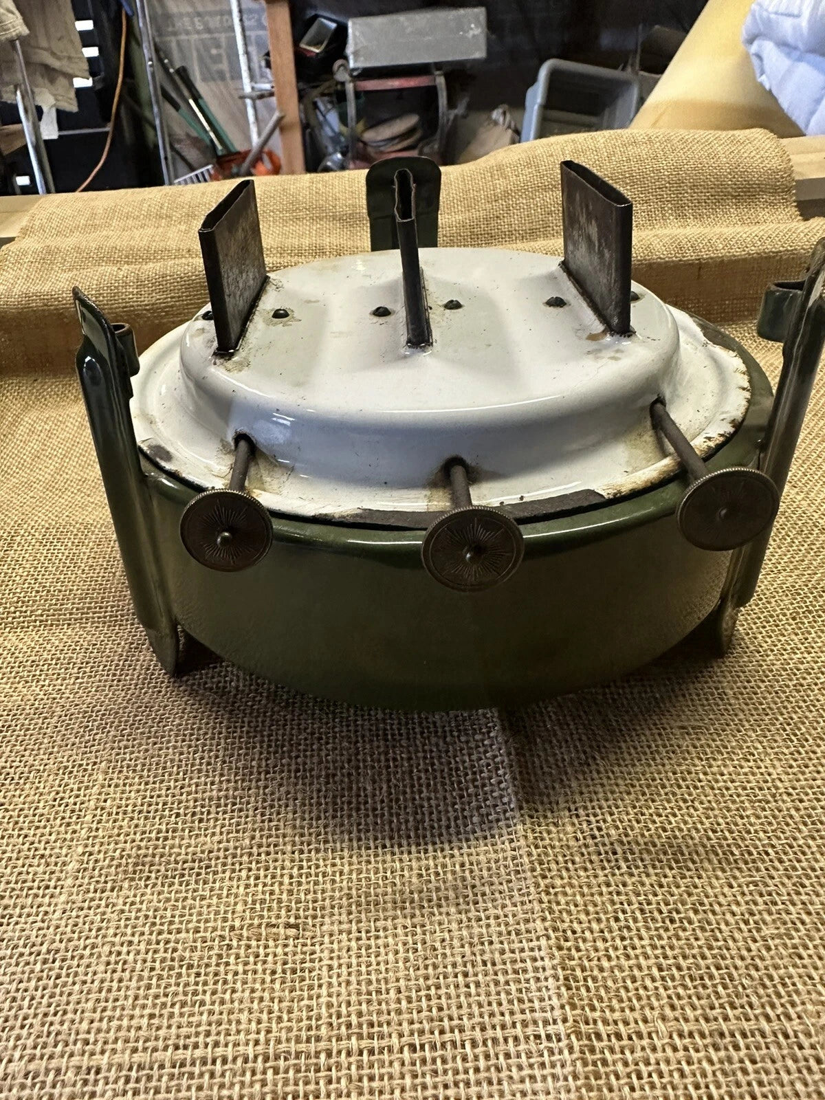 C. 1940S  Enamelware Stove Kerosene 3-wick STOVE WITH COFFEE / TEA POT - SCARCE