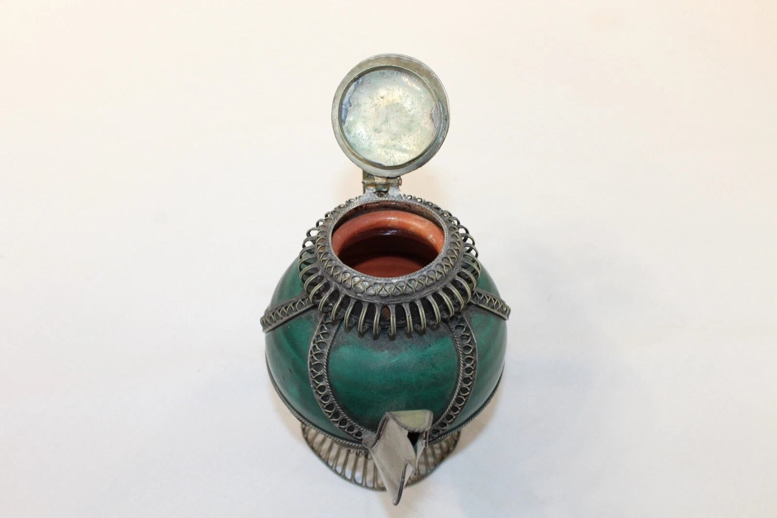 Chinese Middle Eastern Teapot Porcelain Metal Detailed Metal Accents Small Size