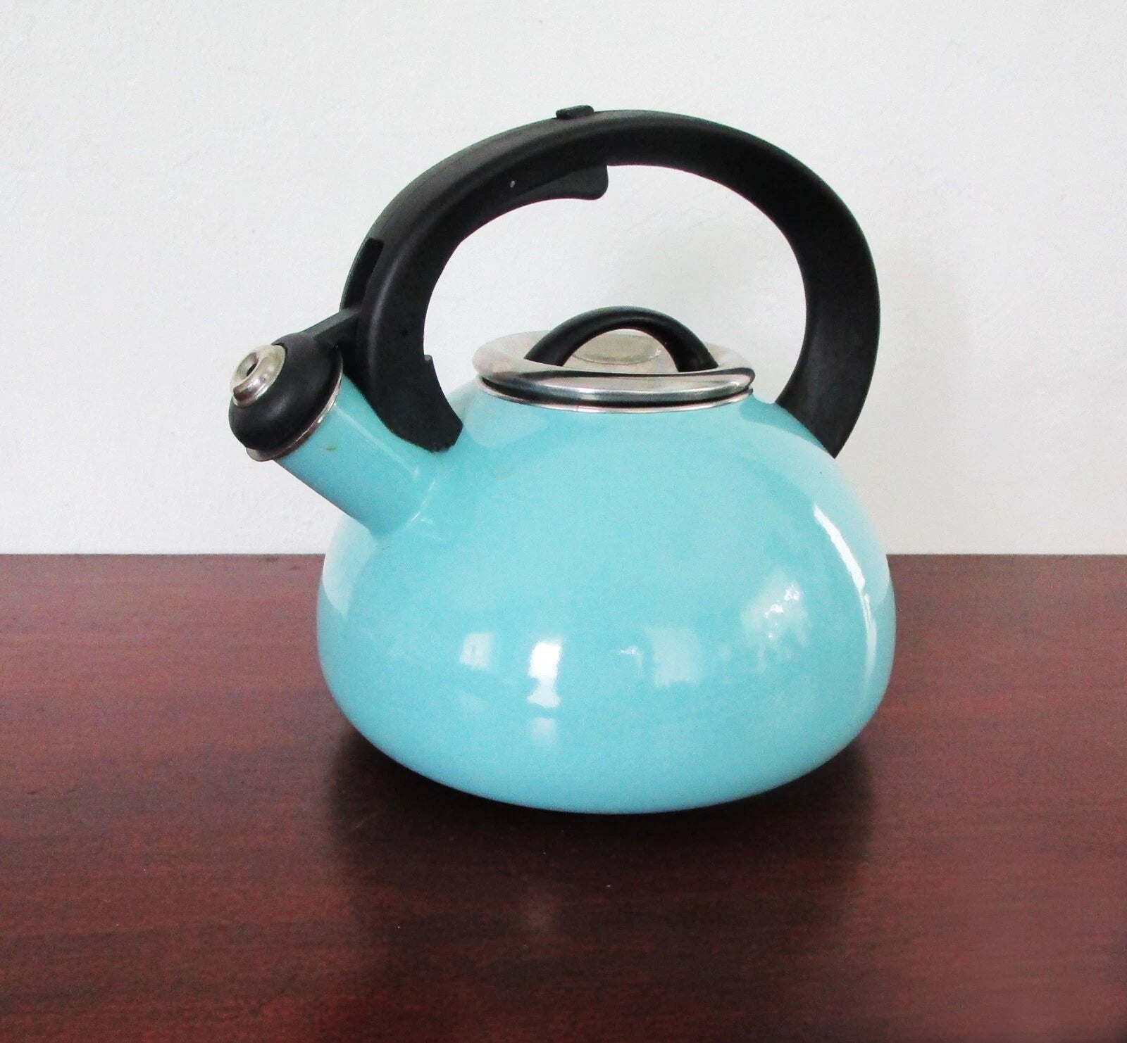 Enamel Tea Kettle Aqua Teal Whistling Black Handle 3 Quart Space Age Design