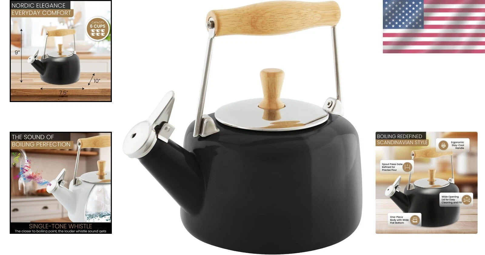 Elegant 1.4 Qt Black Enamel Whistling Teakettle with Rubberwood Stay-Cool Handle