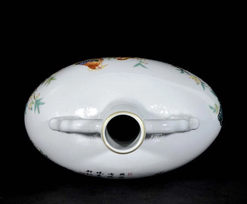 30CM Qianlong Signed Old Chinese Colour Enamel Vase W/bird N3353