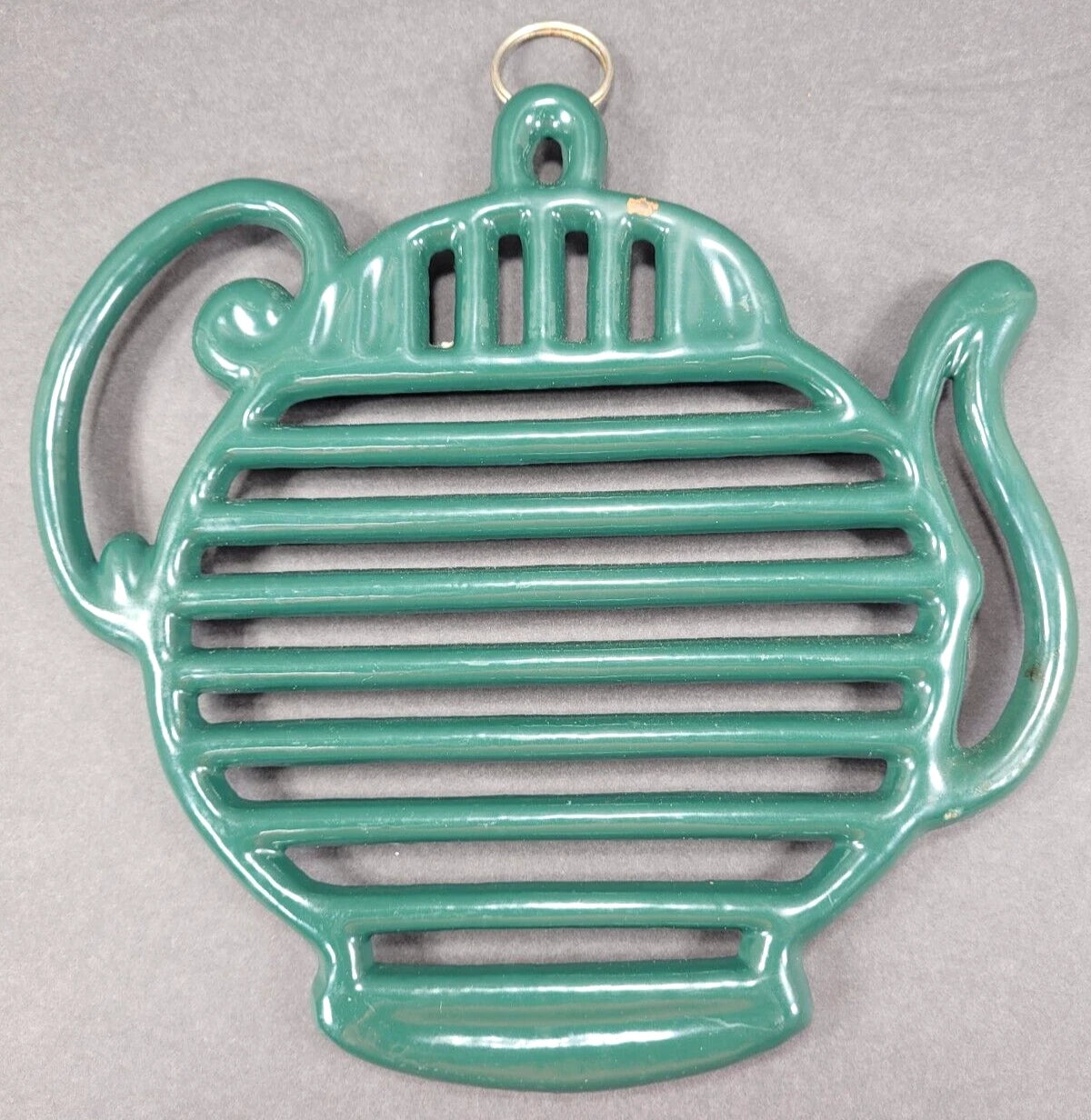 Green Enamel Tea Kettle Cast Metal Trivet Cottage VTG ODI Wall Decor Heavy Duty