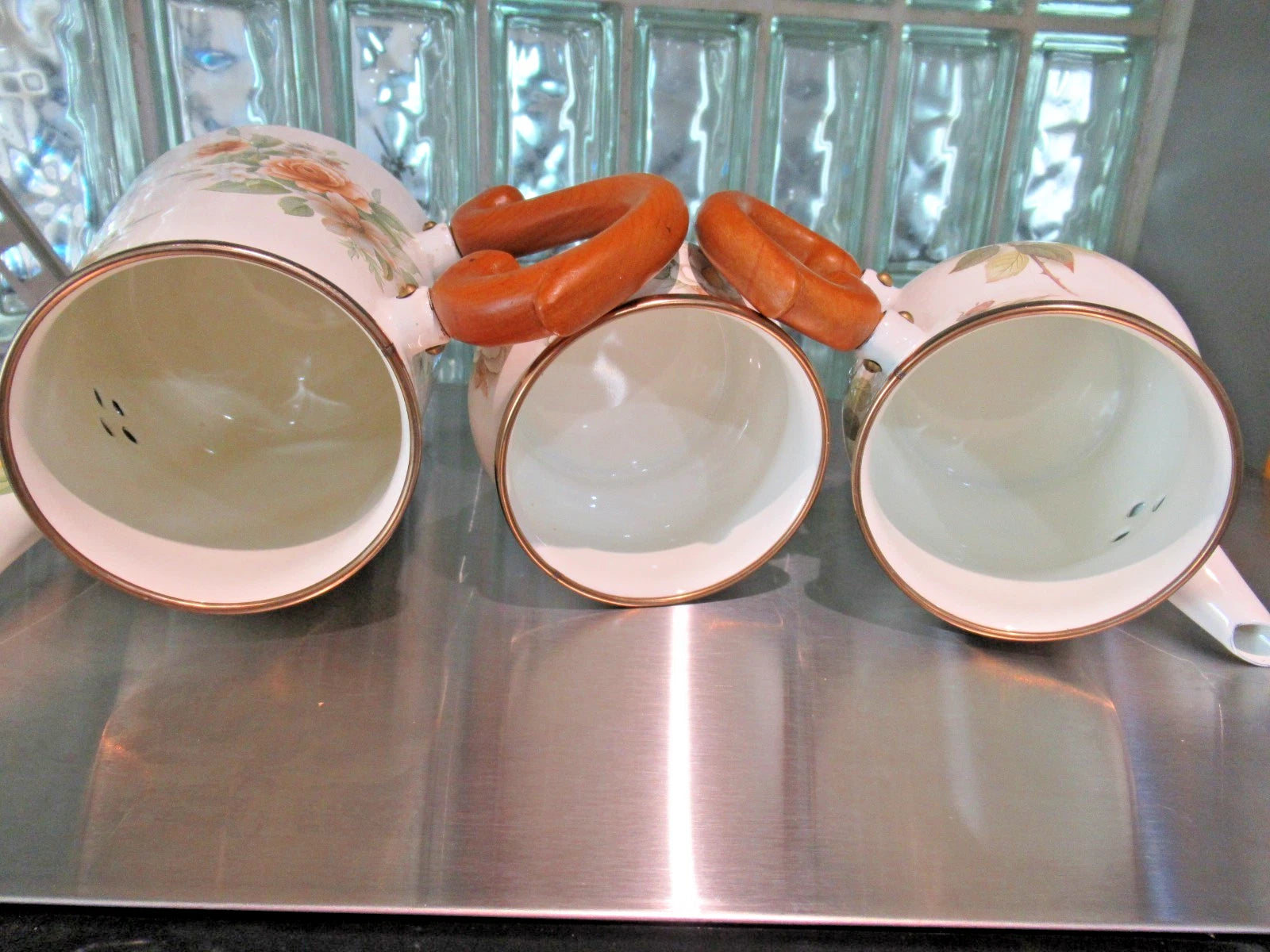 Camp MacKenzie Childs Ltd White Floral Enamelware 1995 3pcTea Set