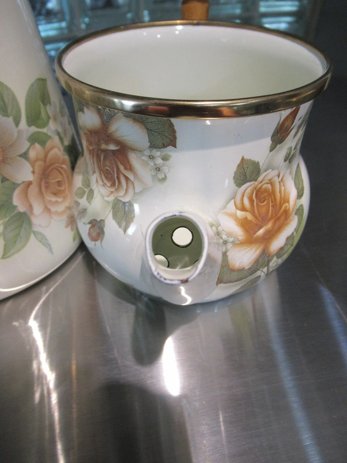 Camp MacKenzie Childs Ltd White Floral Enamelware 1995 3pcTea Set