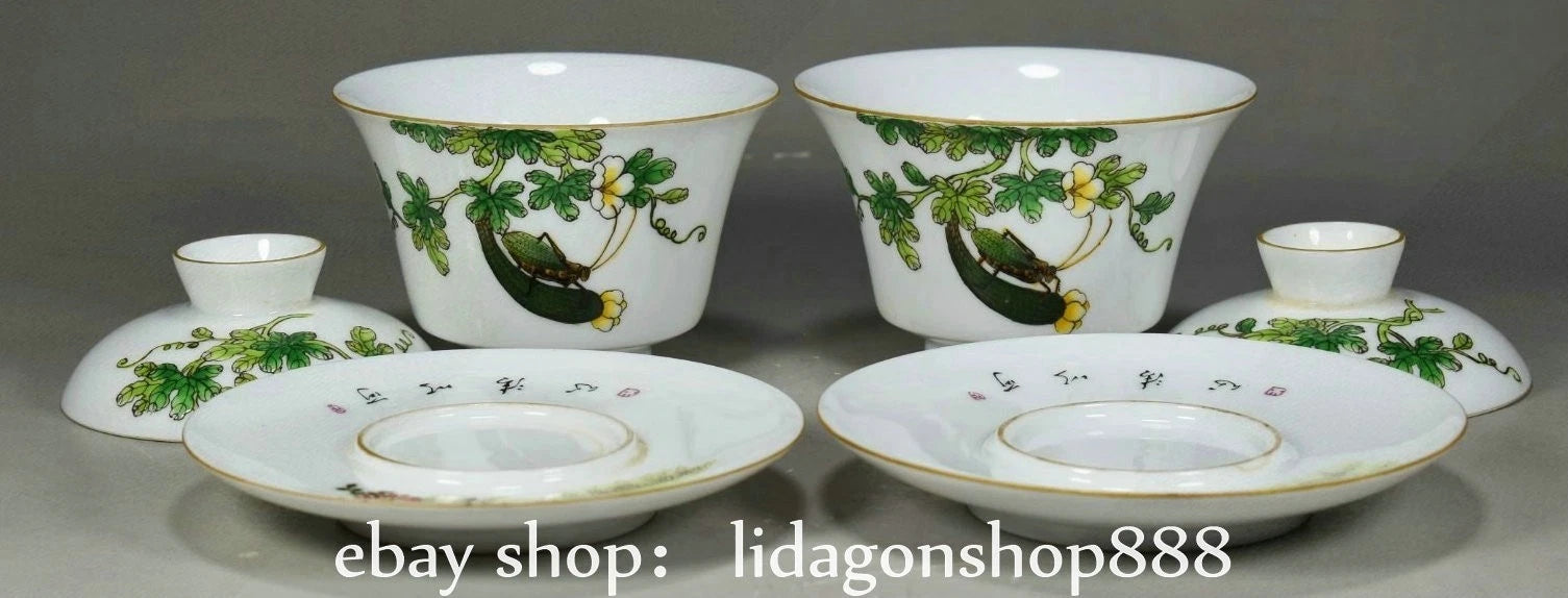 4.4" Old Chinese Yongzheng Enamel Porcelain Flower Fruit insect Bowl Pair