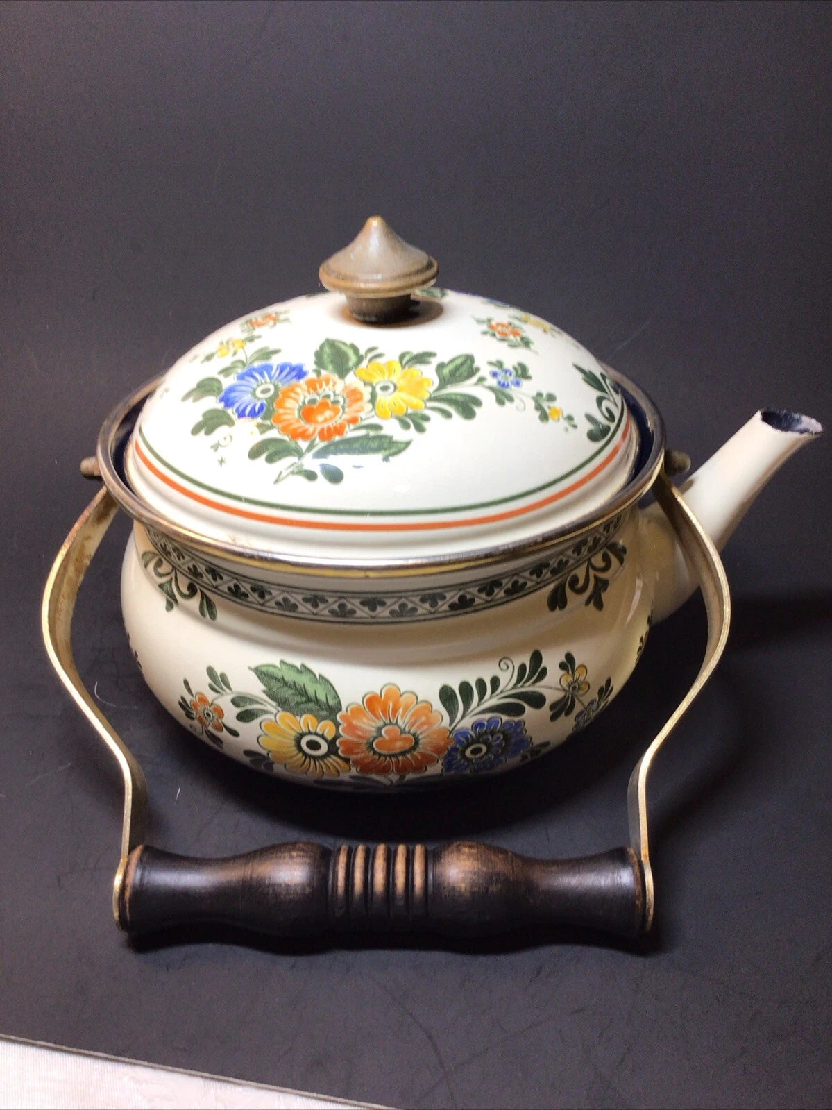 ASTA Enamelware Tea Kettle 1960s Amsterdam Teapot Brass Handles Floral - Germany