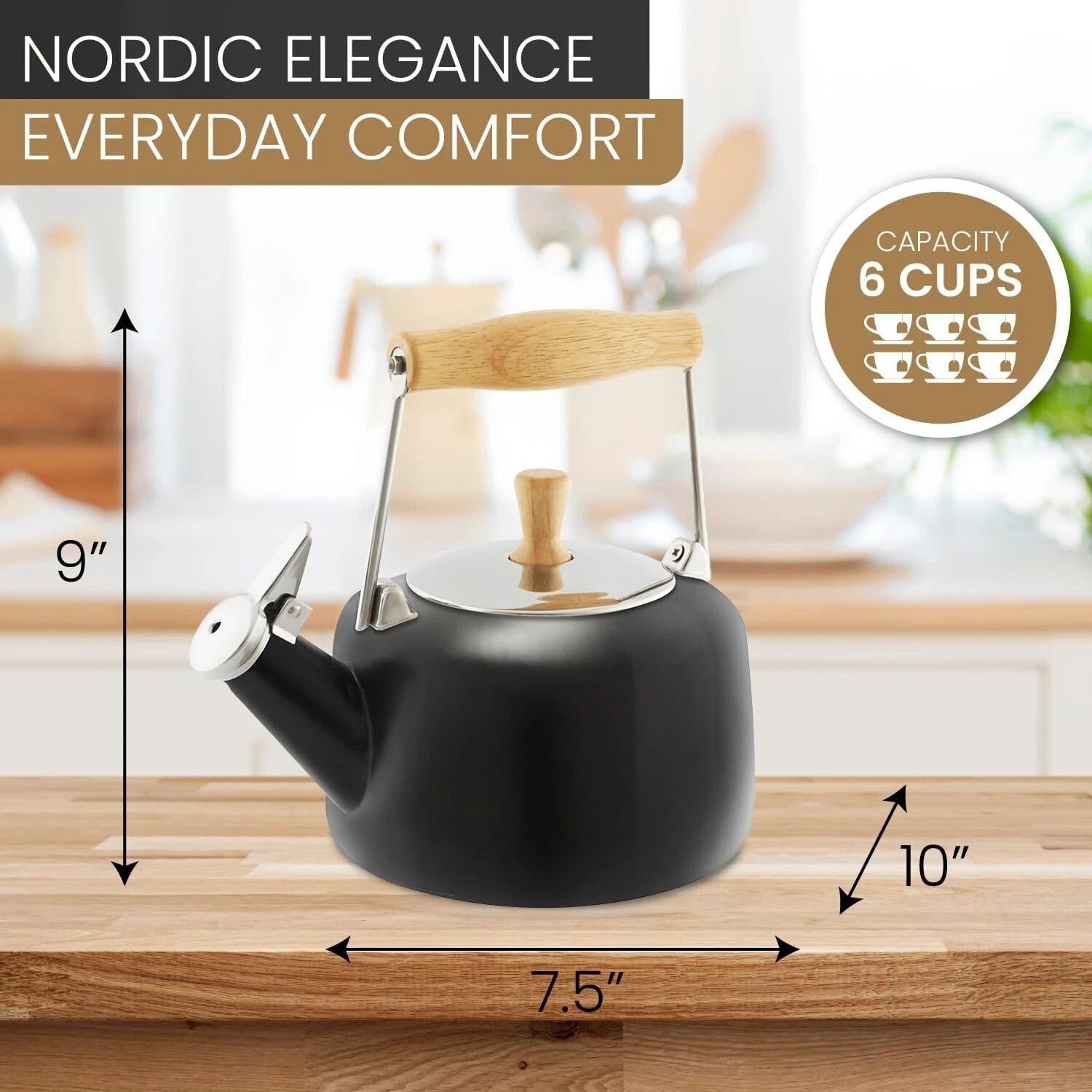 Elegant 1.4 Qt Black Enamel Whistling Teakettle with Rubberwood Stay-Cool Handle