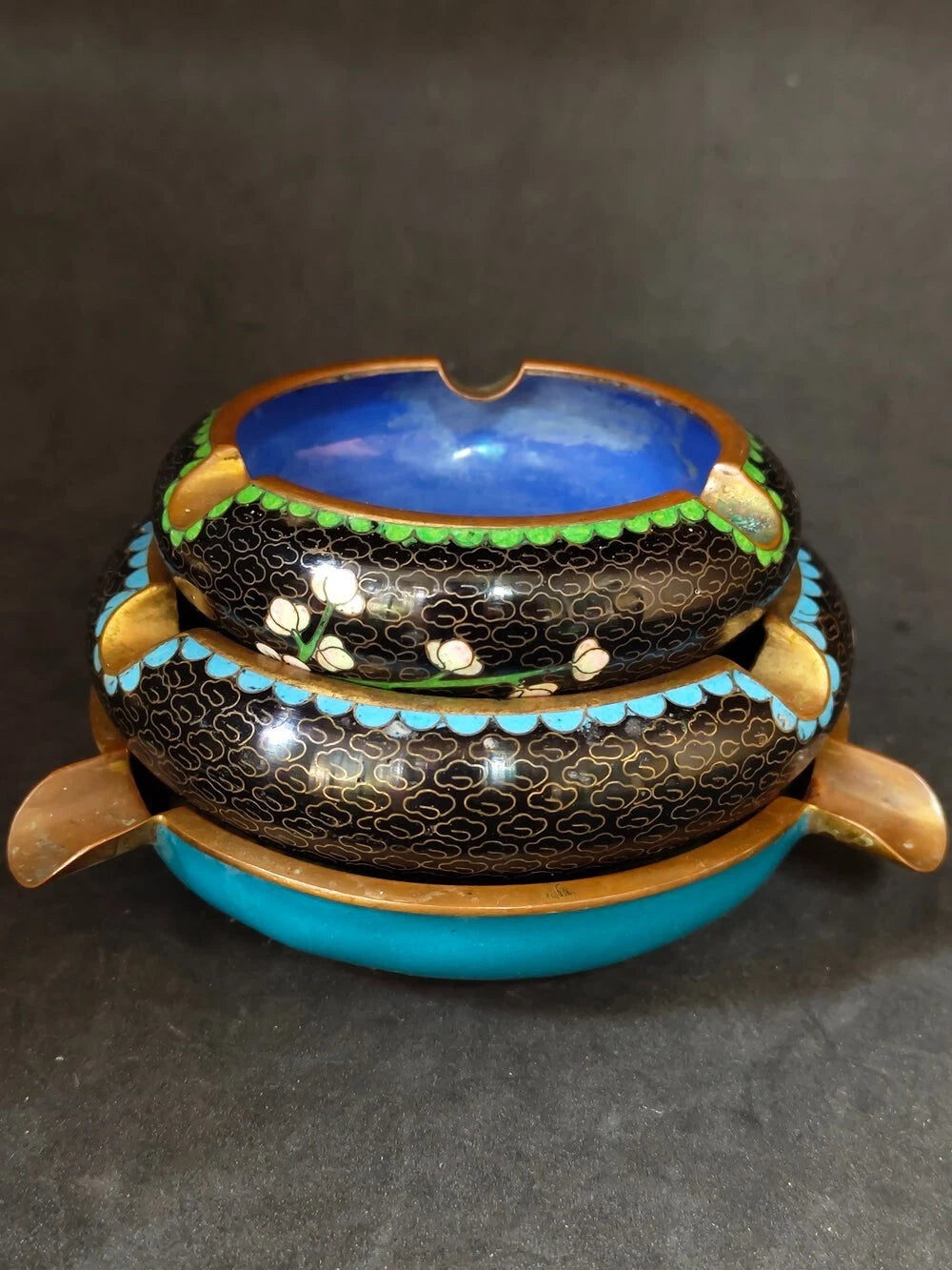 Chinese Vintage Cloisonne Bowl Cigarette stand Enamel Flowers Fine