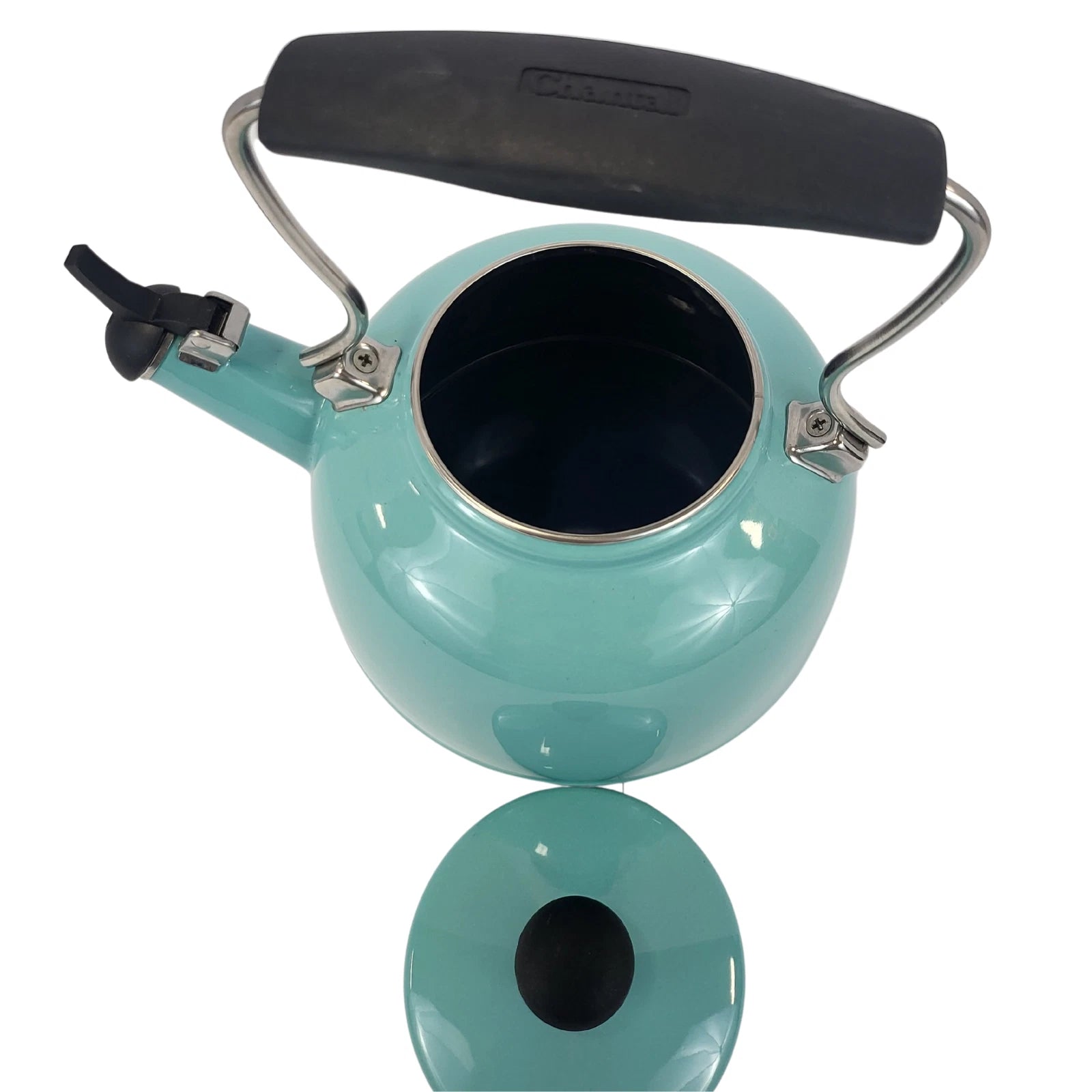 Aqua Blue Enamel Whistling Tea Kettle with Black Handle - 2 Qt