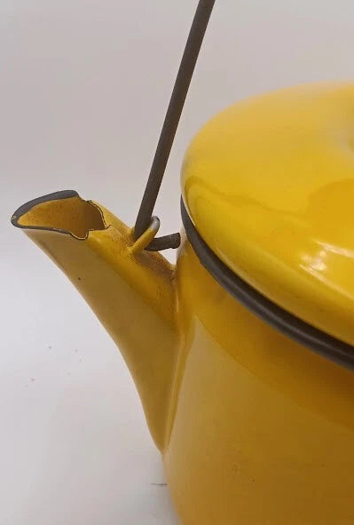 Bright Yellow Tea Kettle With Black Trim & Rust * For Decor Only *