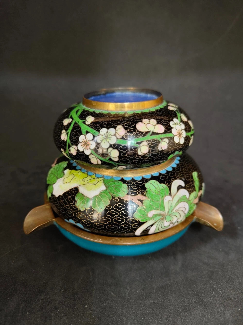 Chinese Vintage Cloisonne Bowl Cigarette stand Enamel Flowers Fine