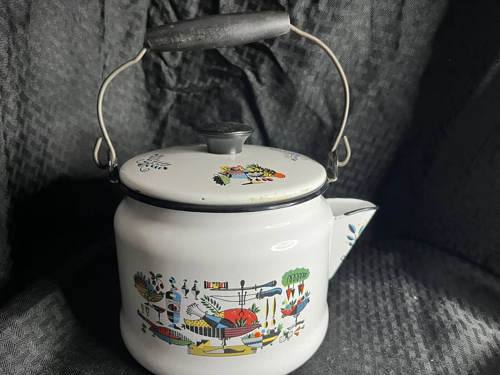 Georges Briard Enamel Retro Mid Century Turkey Dinner Graphics Teapot Kettle MCM