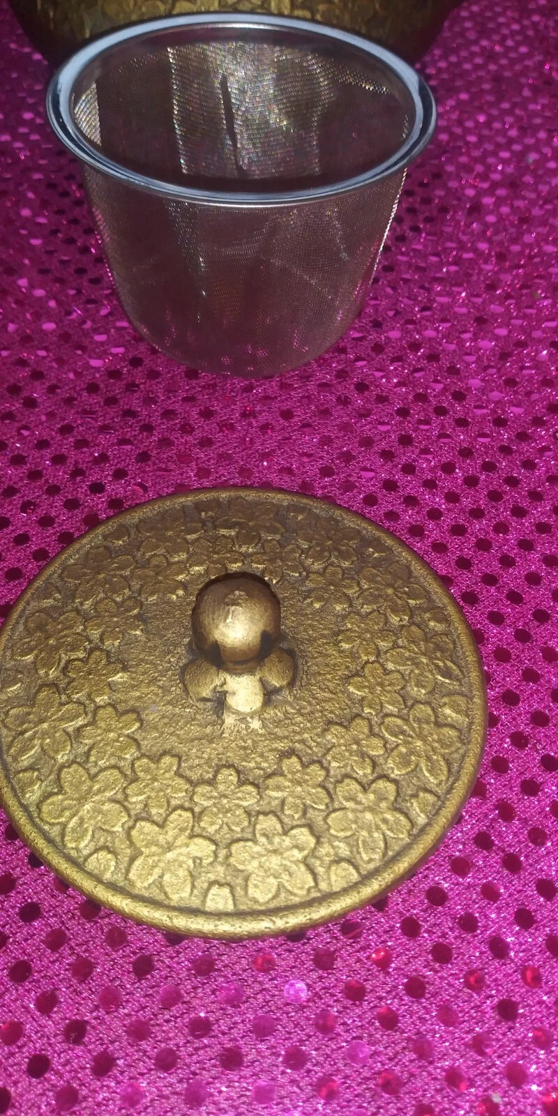 Brass/Enamel Marked Ethnic Teapot With Tea Strainer EUC