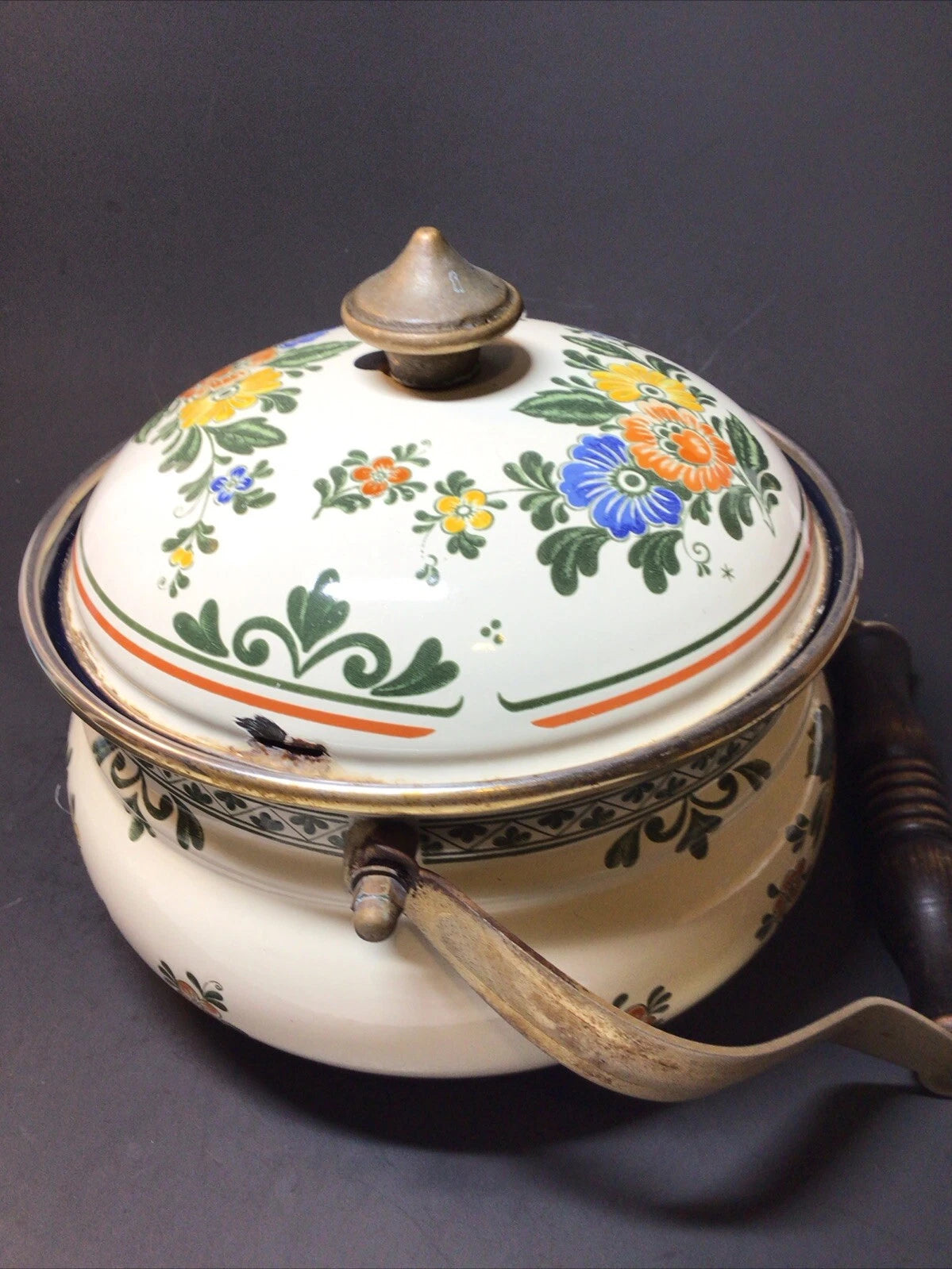 ASTA Enamelware Tea Kettle 1960s Amsterdam Teapot Brass Handles Floral - Germany