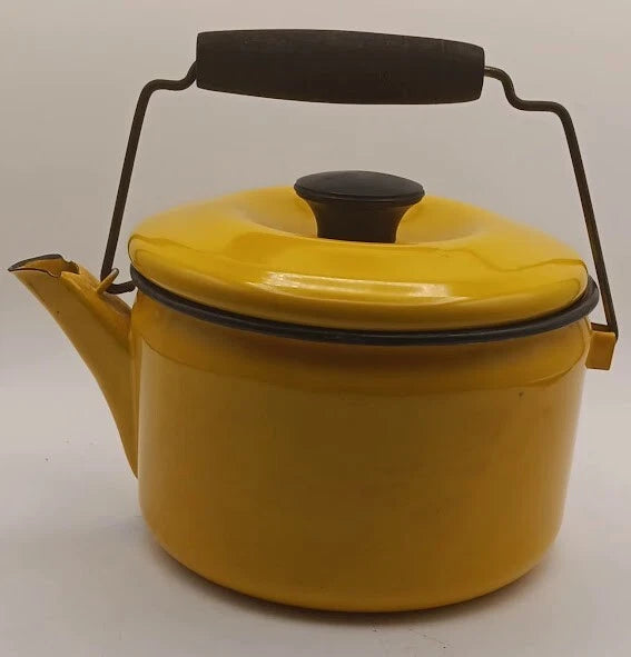 Bright Yellow Tea Kettle With Black Trim & Rust * For Decor Only *