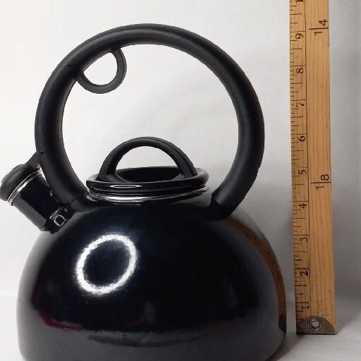 Copco Whistling Tea Kettle Glossy Black 2 Quart Enamel Squeeze Handle Stovetop