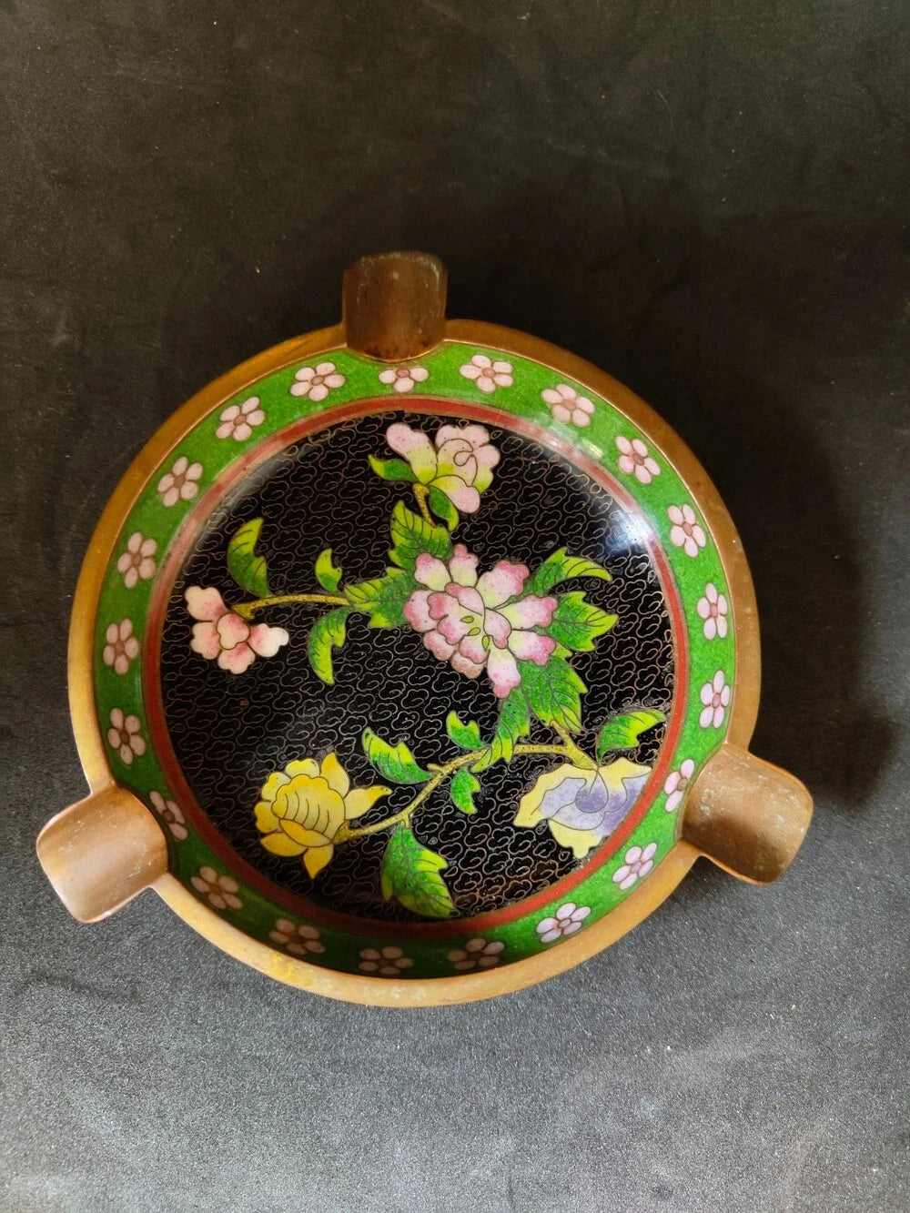 Chinese Vintage Cloisonne Bowl Cigarette stand Enamel Flowers Fine