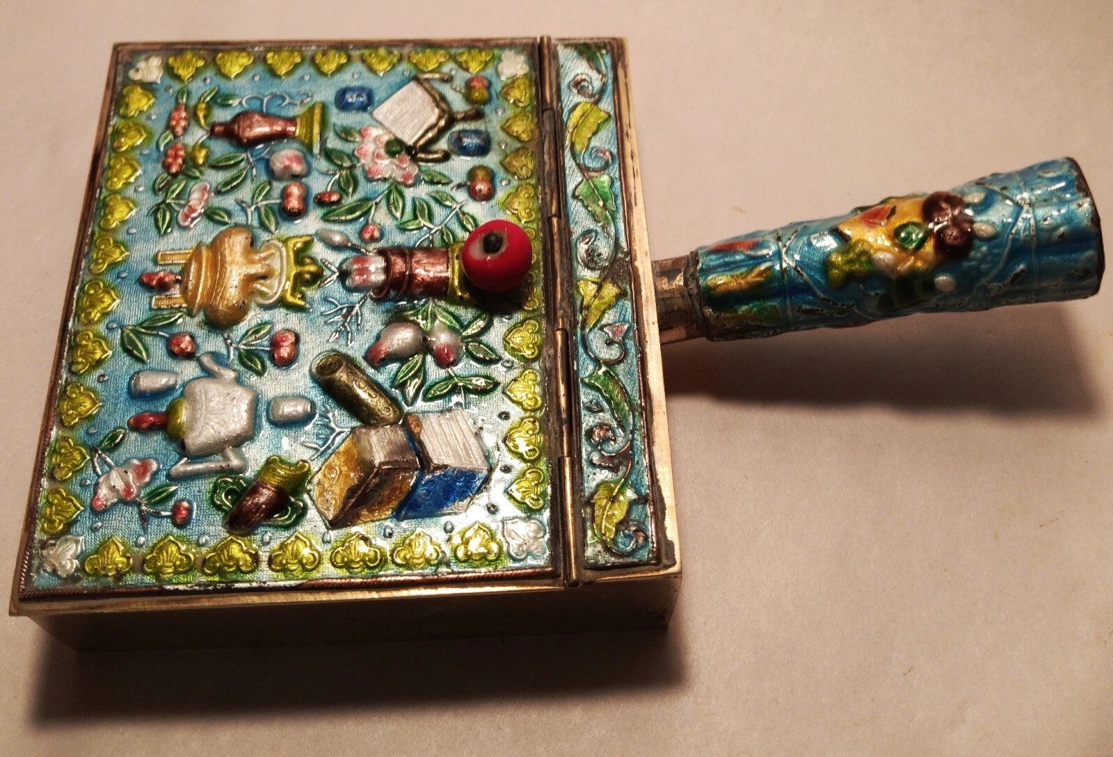 CRUMB CATCHER vtg chinese blue enamel cloisonne coin box teapot vase urn book