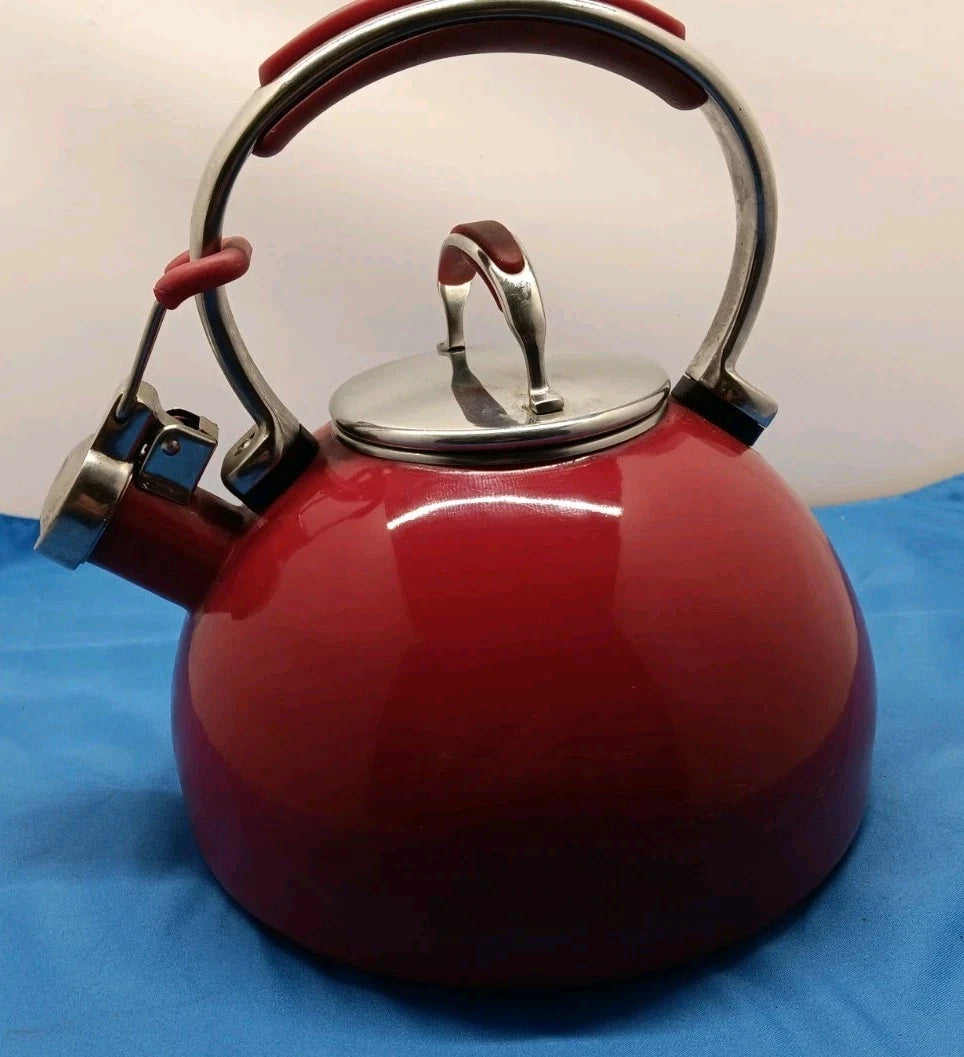 Kitchen Aid 2 Quart Whistling Tea Kettle Pot Red Enamel