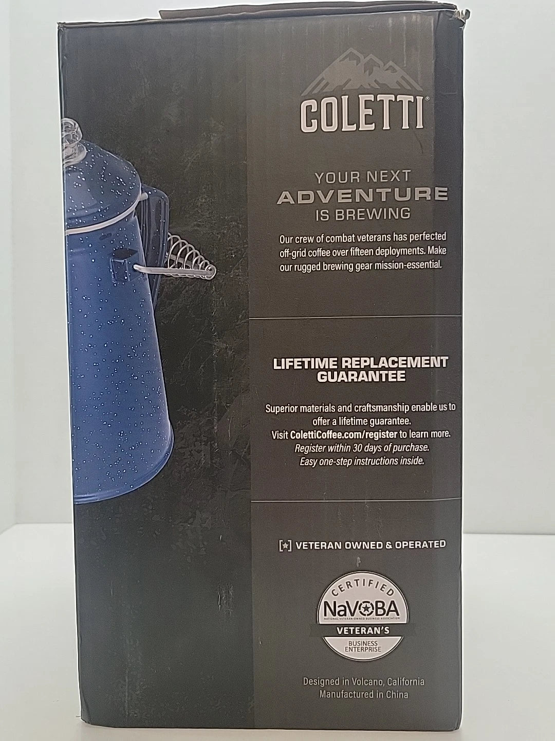 COLETTI Classic Camping Coffee Pot & Enamel Mug Set  Percolator Blue Glass Broke
