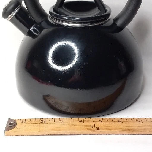 Copco Whistling Tea Kettle Glossy Black 2 Quart Enamel Squeeze Handle Stovetop