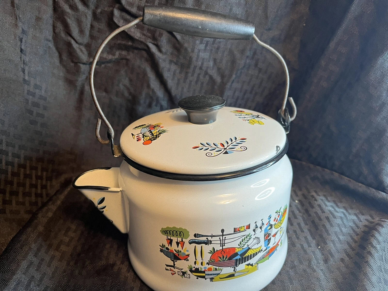 Georges Briard Enamel Retro Mid Century Turkey Dinner Graphics Teapot Kettle MCM