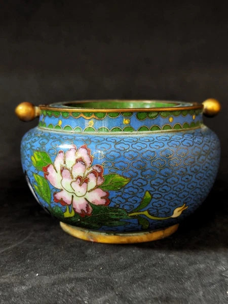 Chinese Antique Cloisonne Bowl Enamel Flowers Fine with Lid