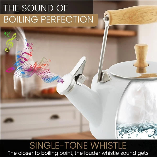 Elegant 1.4 Qt Black Enamel Whistling Teakettle with Rubberwood Stay-Cool Handle