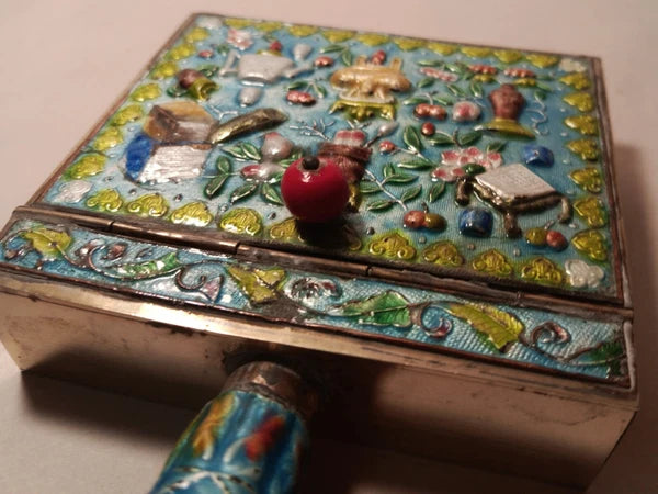 CRUMB CATCHER vtg chinese blue enamel cloisonne coin box teapot vase urn book