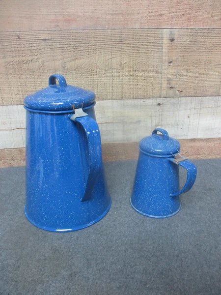 2 - Blue Speckled Enamel Cowboy Coffee / Tea Pots 3 Cup & 12 Cup
