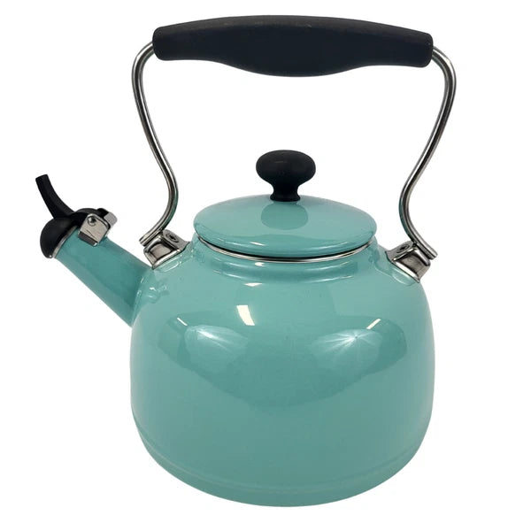 Aqua Blue Enamel Whistling Tea Kettle with Black Handle - 2 Qt