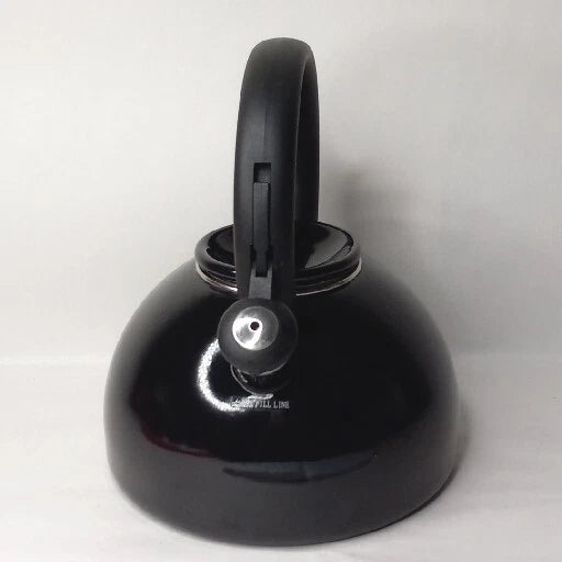 Copco Whistling Tea Kettle Glossy Black 2 Quart Enamel Squeeze Handle Stovetop