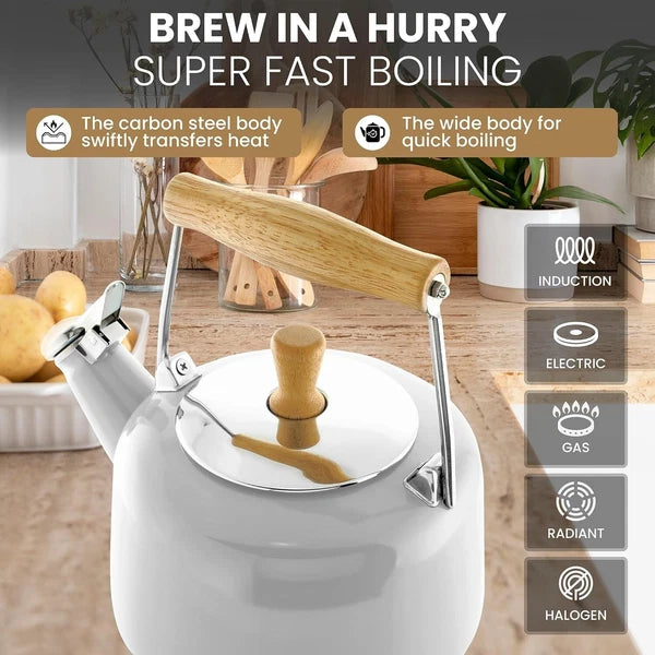 Elegant 1.4 Qt Black Enamel Whistling Teakettle with Rubberwood Stay-Cool Handle