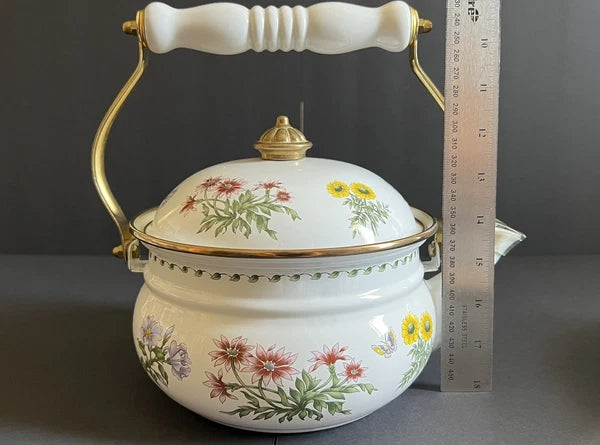 VINTAGE FLORAL TEA KETTLE ENAMEL Brass Handle