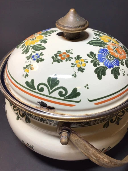 ASTA Enamelware Tea Kettle 1960s Amsterdam Teapot Brass Handles Floral - Germany