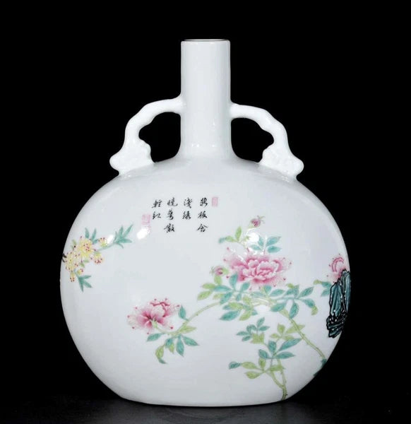 30CM Qianlong Signed Old Chinese Colour Enamel Vase W/bird N3353