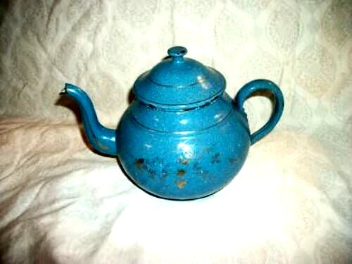 ANTIQUE FRENCH ENAMELWARE BLUE SPECKLED TEAPOT KETTLE GRANITEWARE GILT FLOWERS