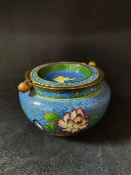 Chinese Antique Cloisonne Bowl Enamel Flowers Fine with Lid